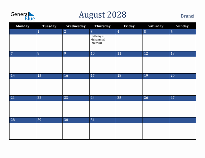 August 2028 Brunei Calendar (Monday Start)