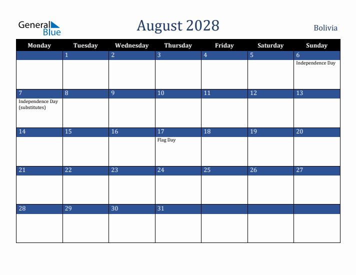 August 2028 Bolivia Calendar (Monday Start)
