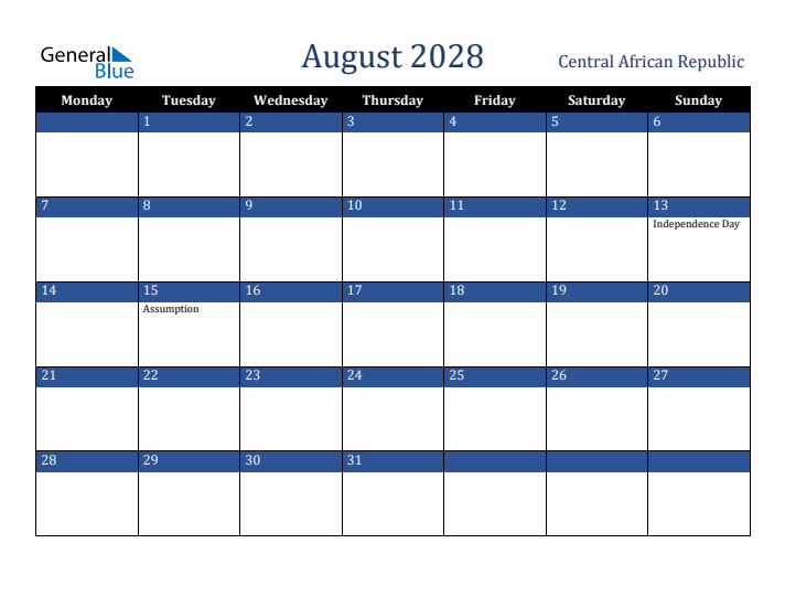 August 2028 Central African Republic Calendar (Monday Start)