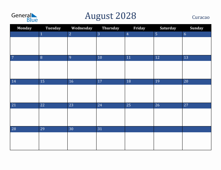 August 2028 Curacao Calendar (Monday Start)