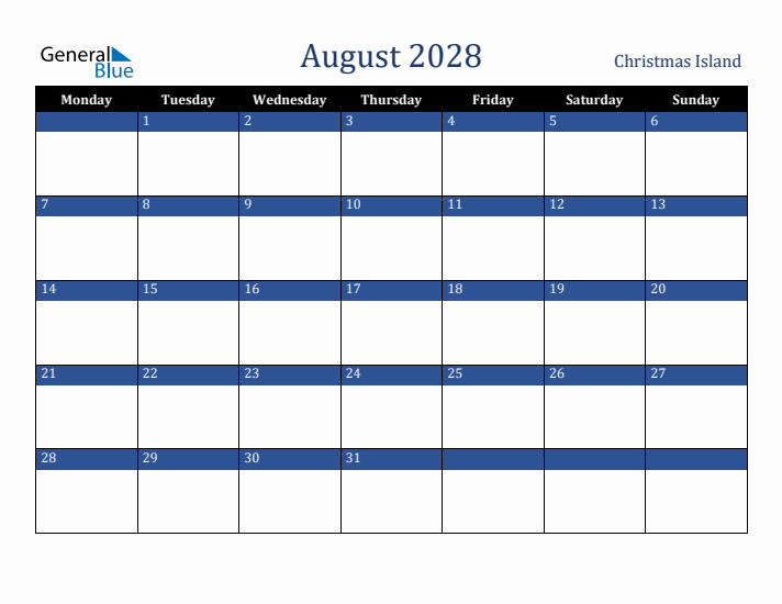August 2028 Christmas Island Calendar (Monday Start)