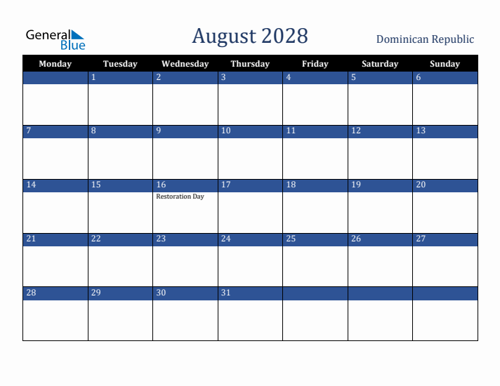 August 2028 Dominican Republic Calendar (Monday Start)