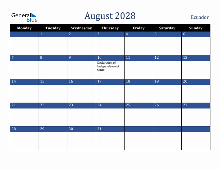 August 2028 Ecuador Calendar (Monday Start)