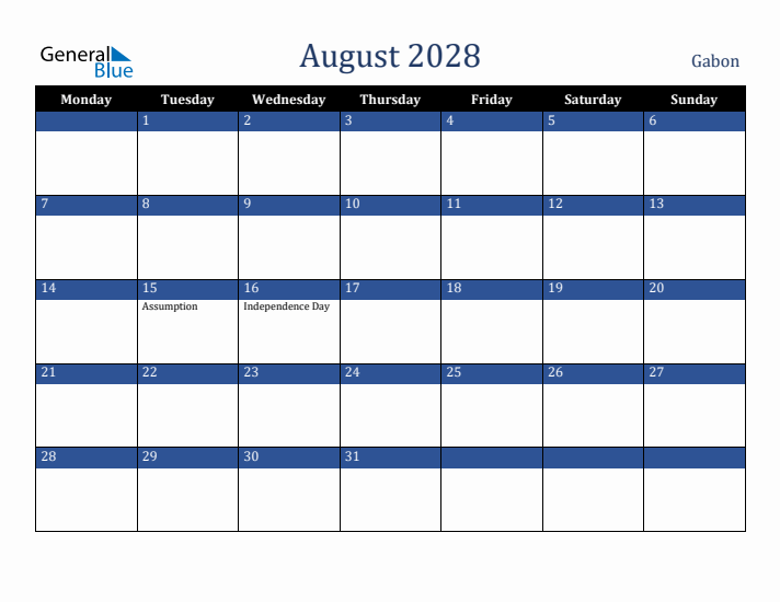 August 2028 Gabon Calendar (Monday Start)