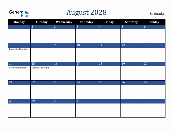 August 2028 Grenada Calendar (Monday Start)