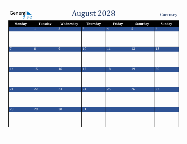 August 2028 Guernsey Calendar (Monday Start)
