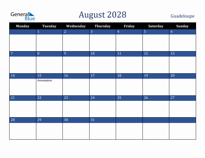 August 2028 Guadeloupe Calendar (Monday Start)