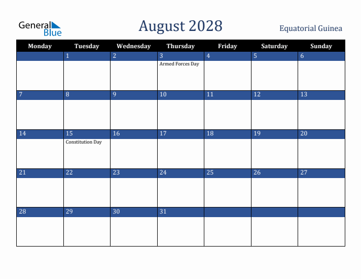 August 2028 Equatorial Guinea Calendar (Monday Start)