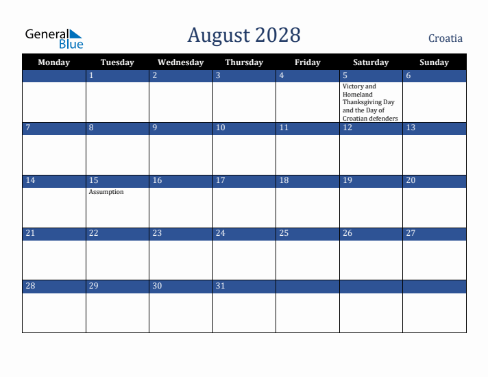 August 2028 Croatia Calendar (Monday Start)