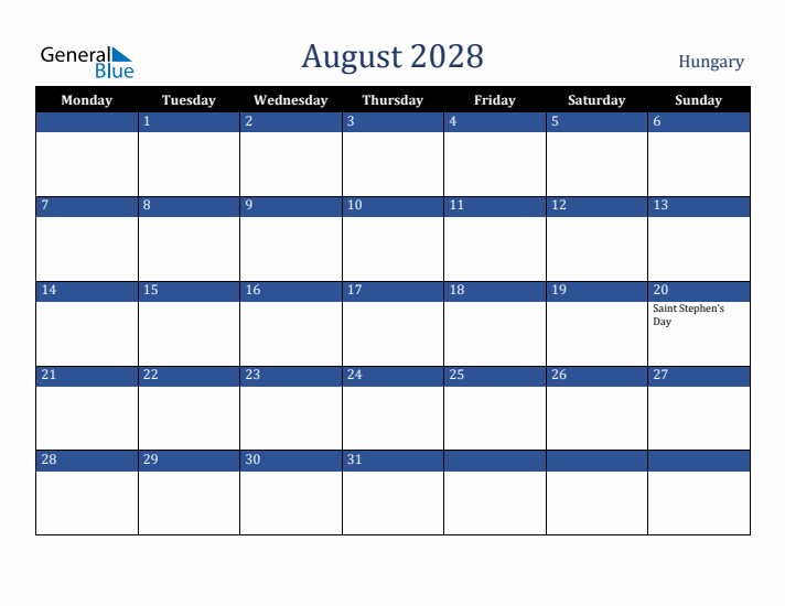 August 2028 Hungary Calendar (Monday Start)