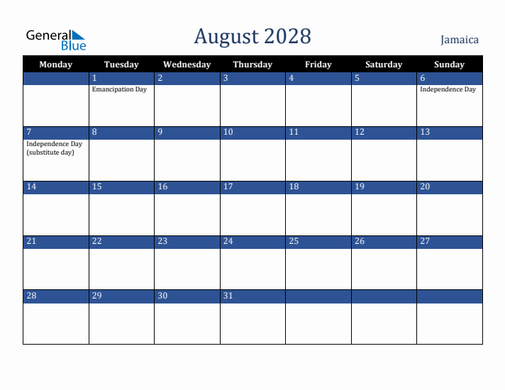 August 2028 Jamaica Calendar (Monday Start)
