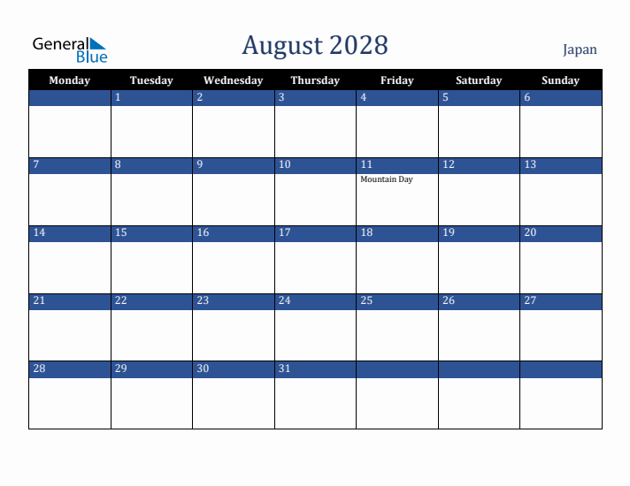 August 2028 Japan Calendar (Monday Start)