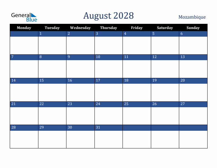 August 2028 Mozambique Calendar (Monday Start)