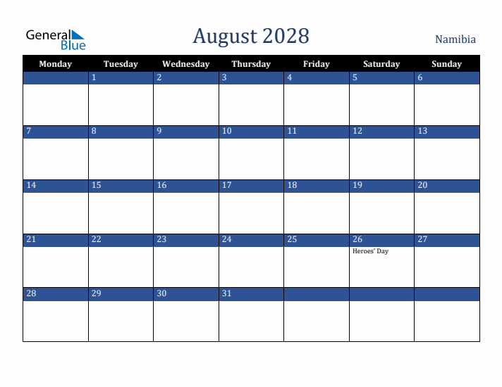 August 2028 Namibia Calendar (Monday Start)