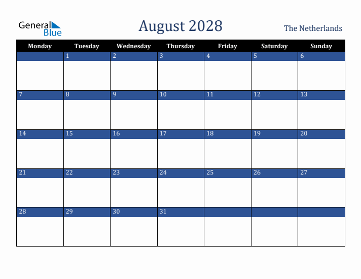August 2028 The Netherlands Calendar (Monday Start)