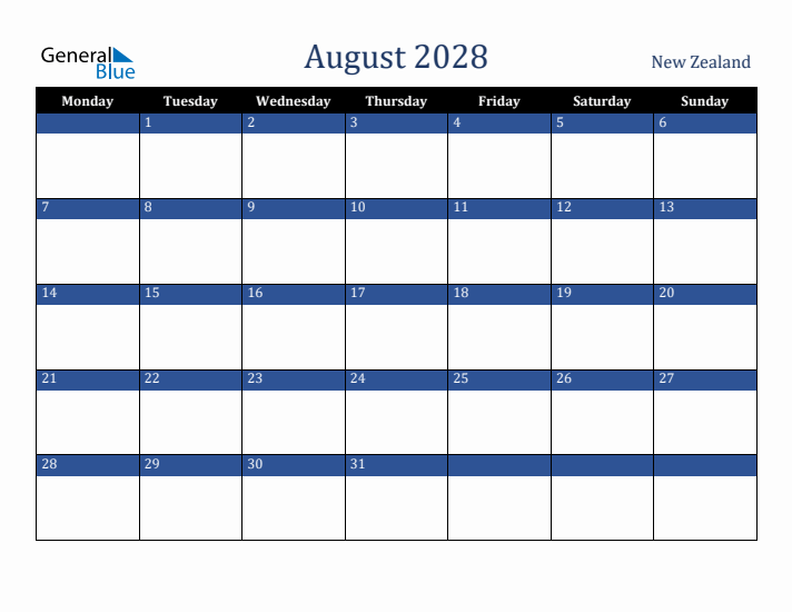 August 2028 New Zealand Calendar (Monday Start)