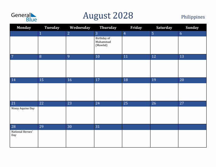 August 2028 Philippines Calendar (Monday Start)