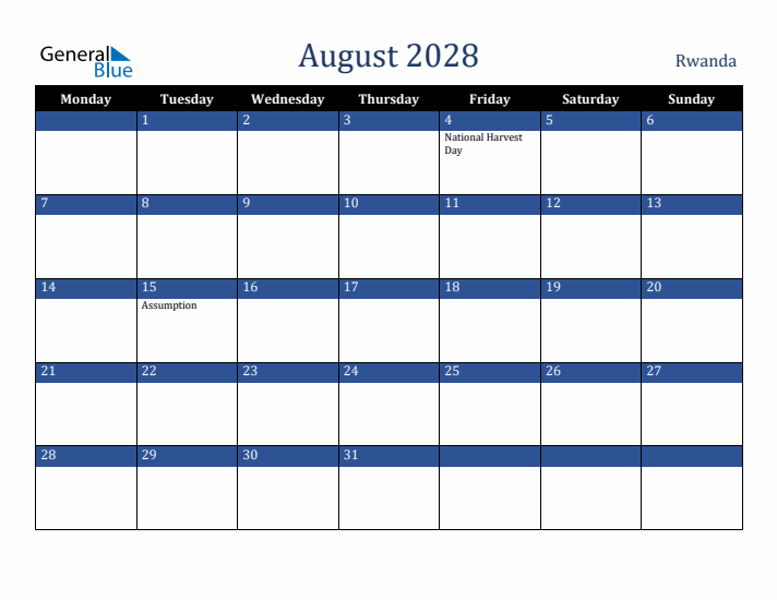 August 2028 Rwanda Calendar (Monday Start)
