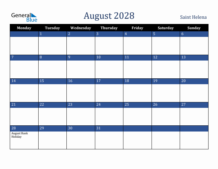 August 2028 Saint Helena Calendar (Monday Start)