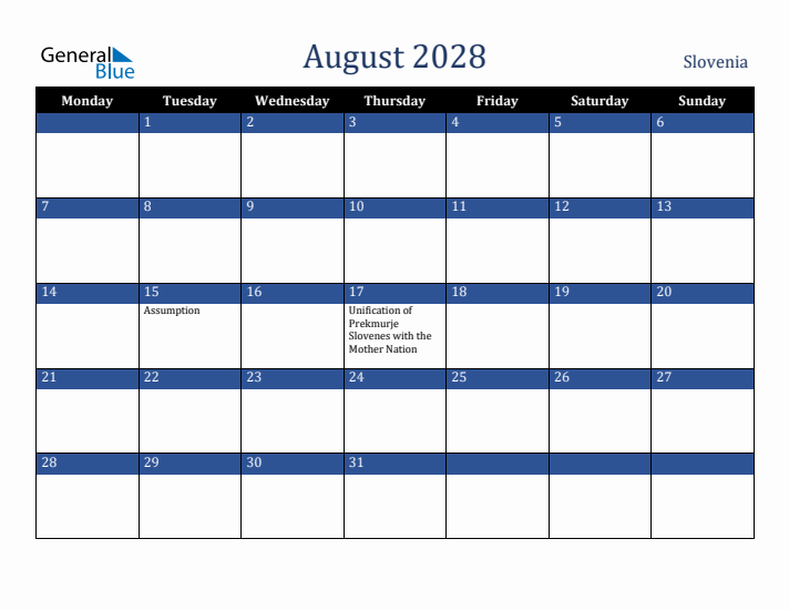 August 2028 Slovenia Calendar (Monday Start)