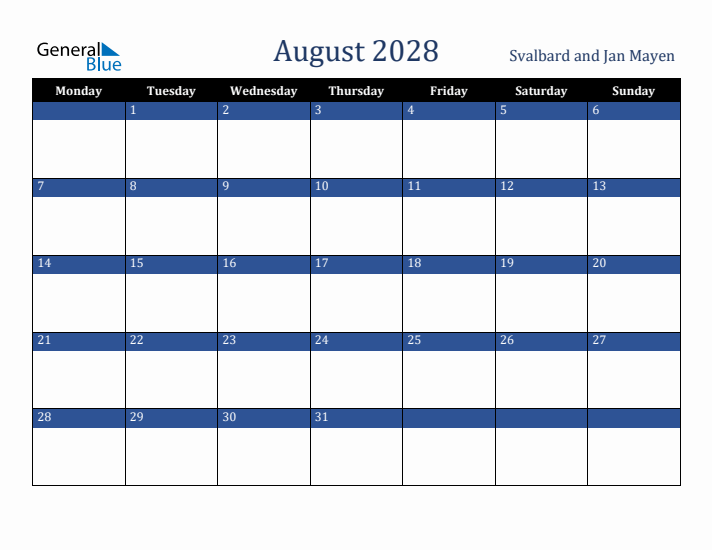 August 2028 Svalbard and Jan Mayen Calendar (Monday Start)