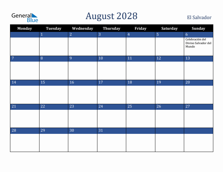 August 2028 El Salvador Calendar (Monday Start)