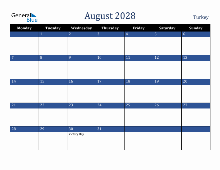 August 2028 Turkey Calendar (Monday Start)