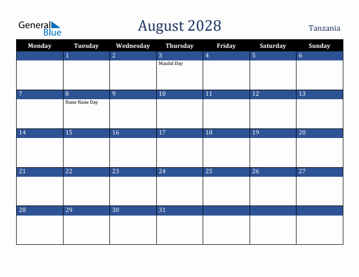 August 2028 Tanzania Calendar (Monday Start)
