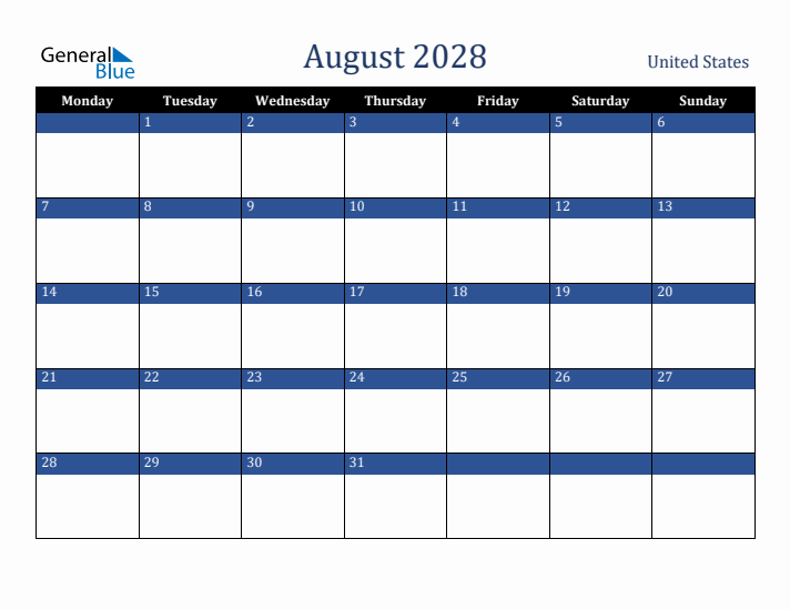 August 2028 United States Calendar (Monday Start)