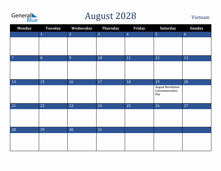 August 2028 Vietnam Calendar (Monday Start)