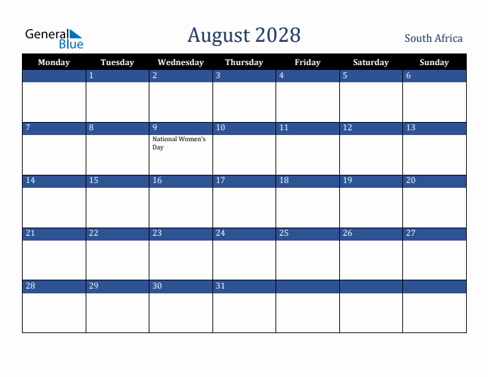 August 2028 South Africa Calendar (Monday Start)