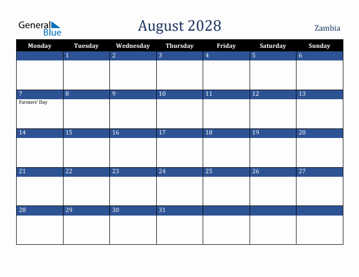 August 2028 Zambia Calendar (Monday Start)
