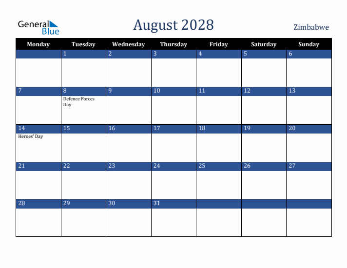 August 2028 Zimbabwe Calendar (Monday Start)