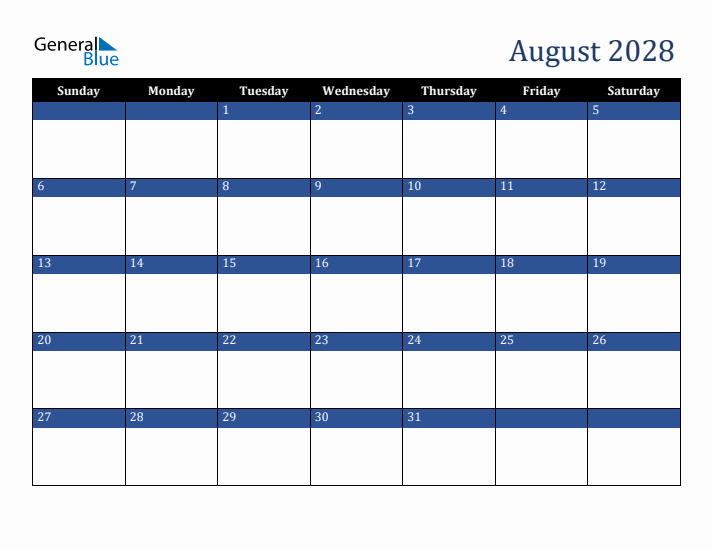 Sunday Start Calendar for August 2028