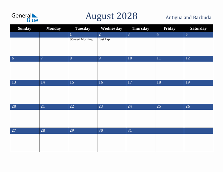 August 2028 Antigua and Barbuda Calendar (Sunday Start)