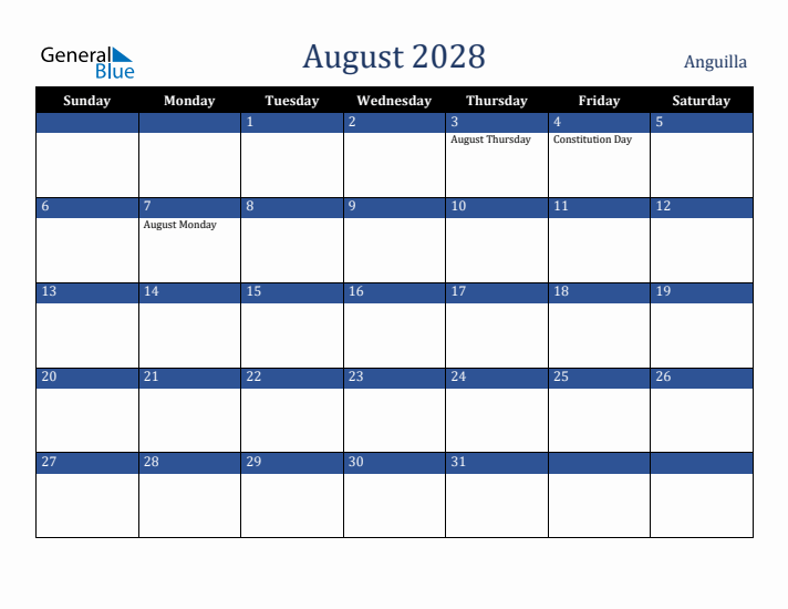 August 2028 Anguilla Calendar (Sunday Start)