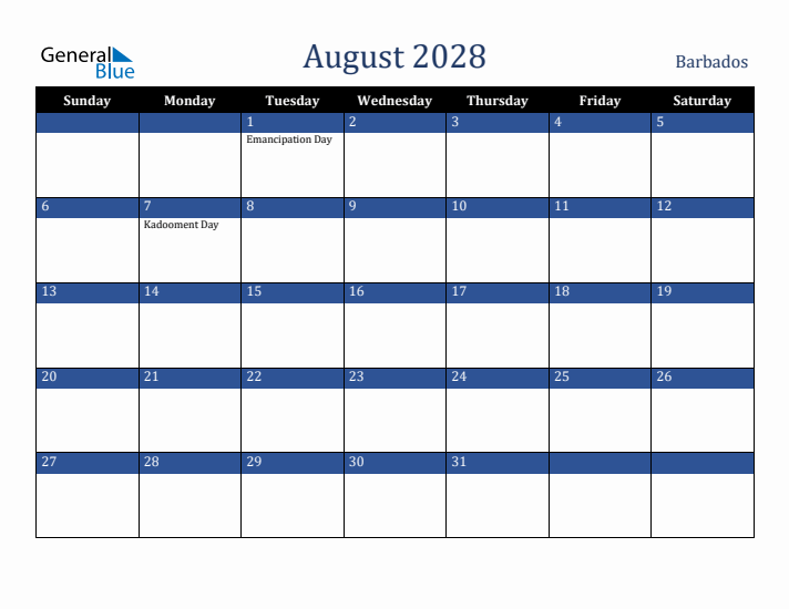 August 2028 Barbados Calendar (Sunday Start)