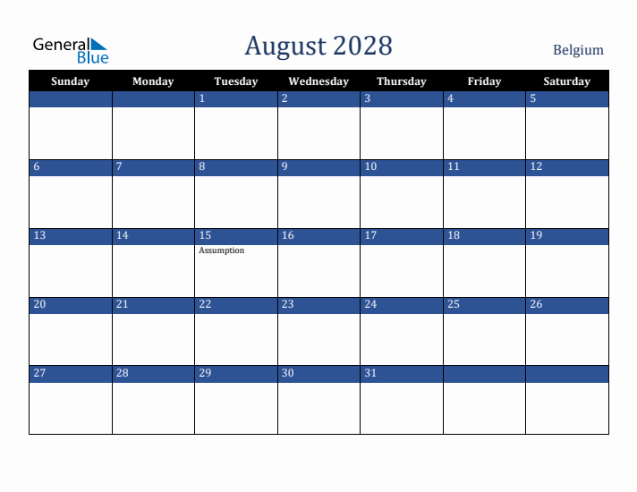 August 2028 Belgium Calendar (Sunday Start)