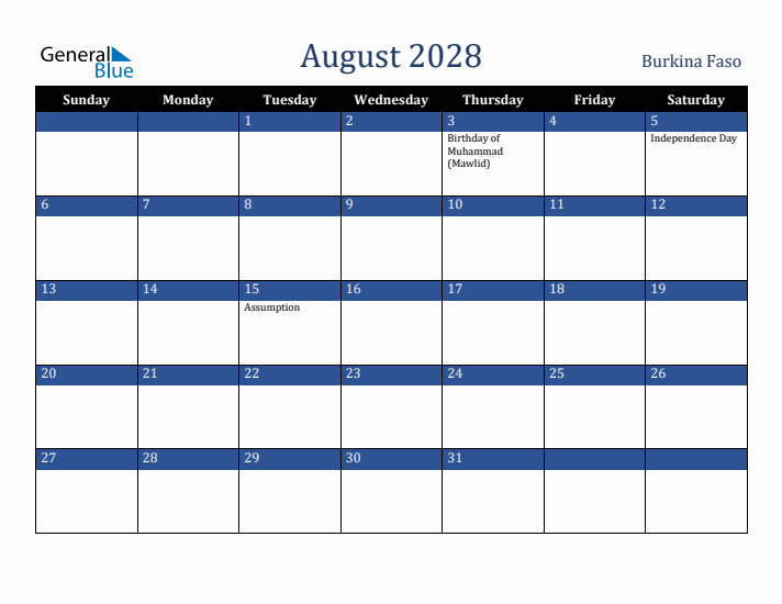 August 2028 Burkina Faso Calendar (Sunday Start)
