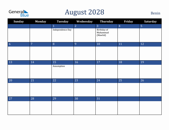 August 2028 Benin Calendar (Sunday Start)