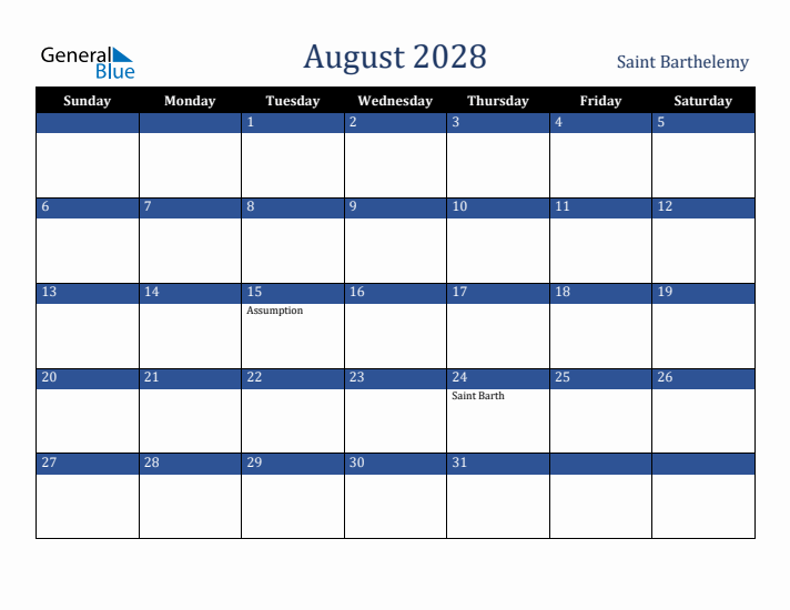 August 2028 Saint Barthelemy Calendar (Sunday Start)