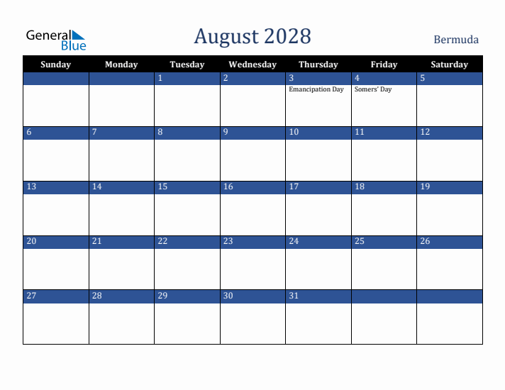August 2028 Bermuda Calendar (Sunday Start)