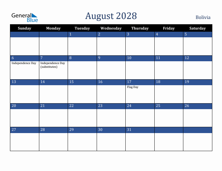 August 2028 Bolivia Calendar (Sunday Start)