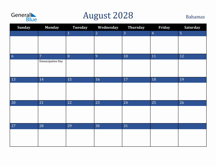 August 2028 Bahamas Calendar (Sunday Start)