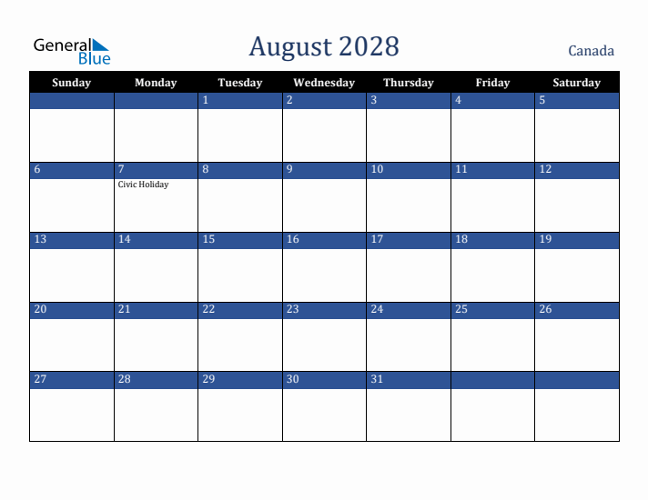 August 2028 Canada Calendar (Sunday Start)