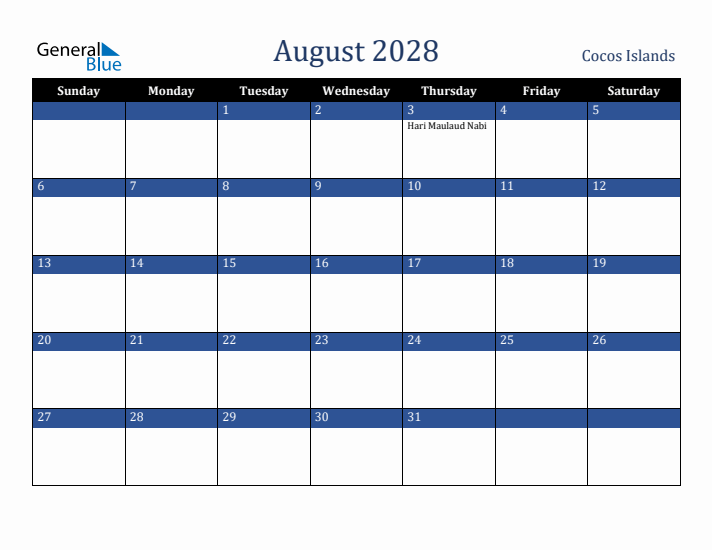 August 2028 Cocos Islands Calendar (Sunday Start)