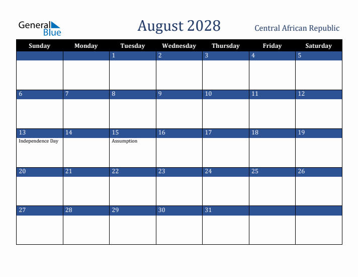 August 2028 Central African Republic Calendar (Sunday Start)