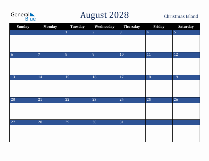 August 2028 Christmas Island Calendar (Sunday Start)