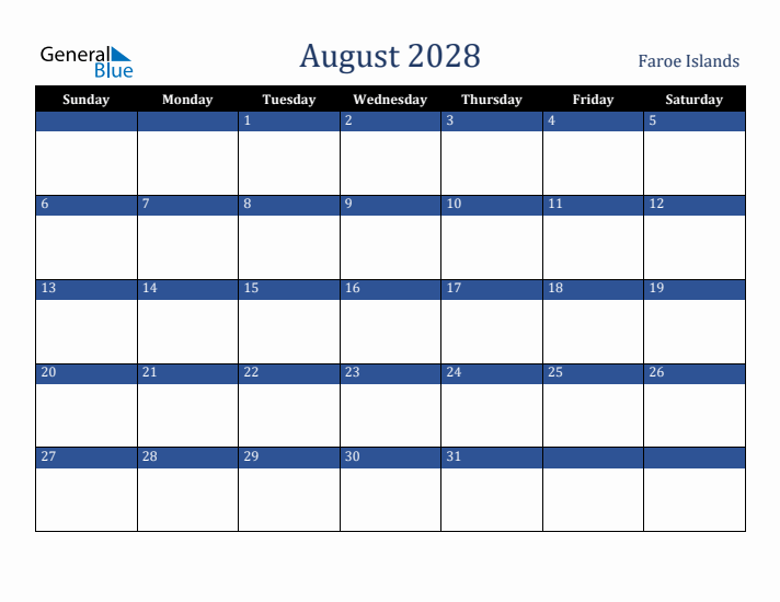 August 2028 Faroe Islands Calendar (Sunday Start)