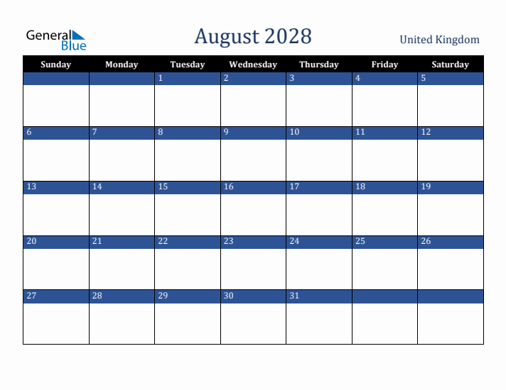 August 2028 United Kingdom Calendar (Sunday Start)